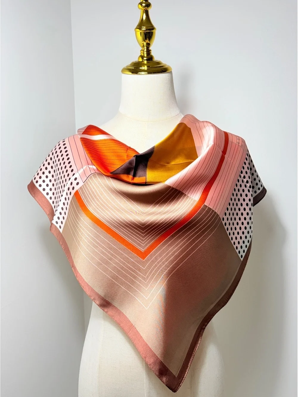 Vintage Geometric Pattern Scarf in Orange, Brown, and Black Polka Dots